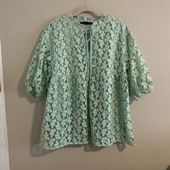 Marc New York Green Blouse with Mandarin Collar and 3/4 Sleeves - Picture 1 of 1